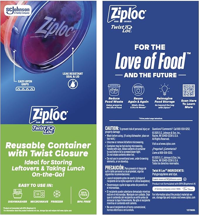 Ziploc Brand Twist n Loc Food Storage Containers, Leak Resistant Design, Small and Medium Round, Variety Pack, 5 count
