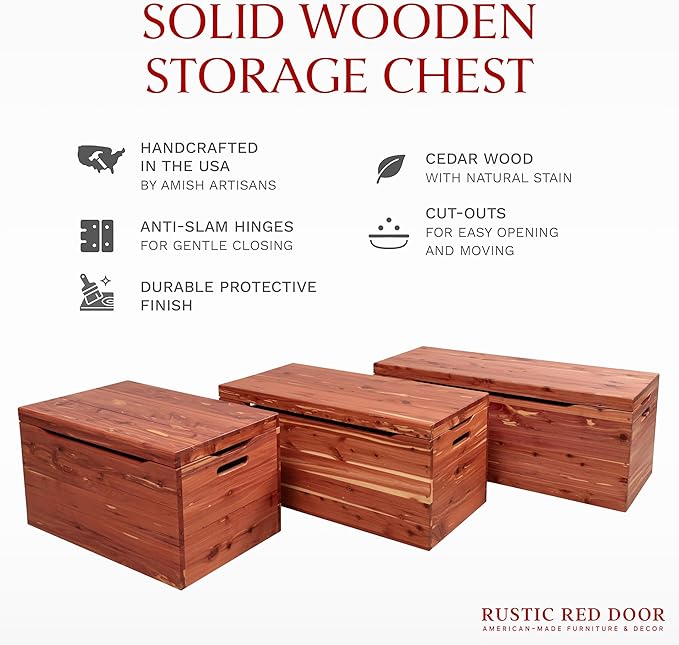 Hope Woodworking Amish Made Wooden Storage Chest Trunk Box with Lid and Handles for Bedroolanket, Clothes, Anti-Slam Hinges, Handmade, Rustic, Cedar Wood, Natural Stain, 42"