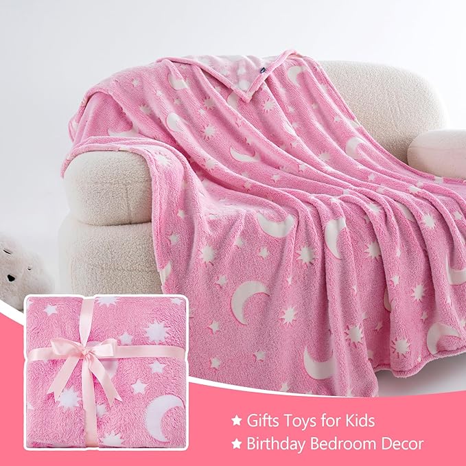 QSTEHEML Pink Moon Glow in The Dark Blanket,Star Gifts Toys for Kids Girls Birthday Christmas Bedroom Decor for Age 3-12 Years Old Toddler Teens Child Daughter Soft Luminous Blanket竊?0"횞60"