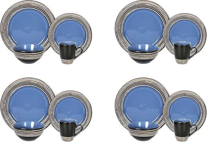 16 Piece Dinnerware Set, Ceramic Plates and Bowls Sets for 4, Microwave and Dishwasher Safe, Handcrafted Tree Bark Series Dish Set, Blue