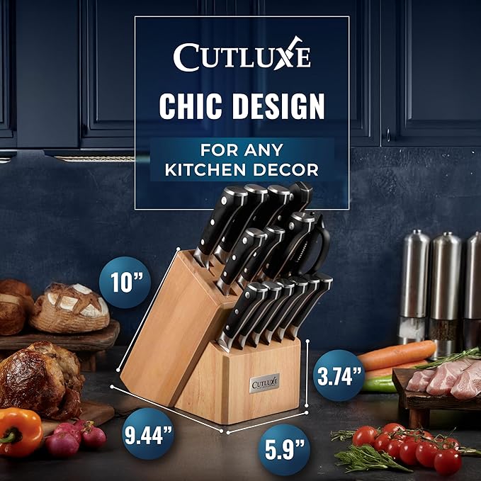 Cutluxe 15-Piece Knife Set ??Premium Rubberwood Wood Block ??Knife Set for Kitchen, Ultra Sharp High Carbon German Stainless Steel, Full Tang ??Artisan Series