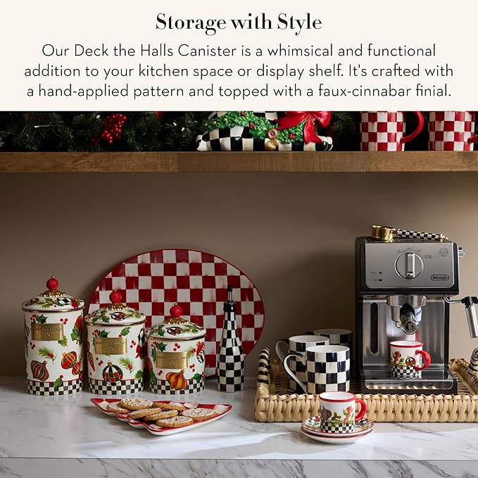 MACKENZIE-CHILDS Enamel Canister, Kitchen Storage Container with Lid, Medium, Deck the Halls