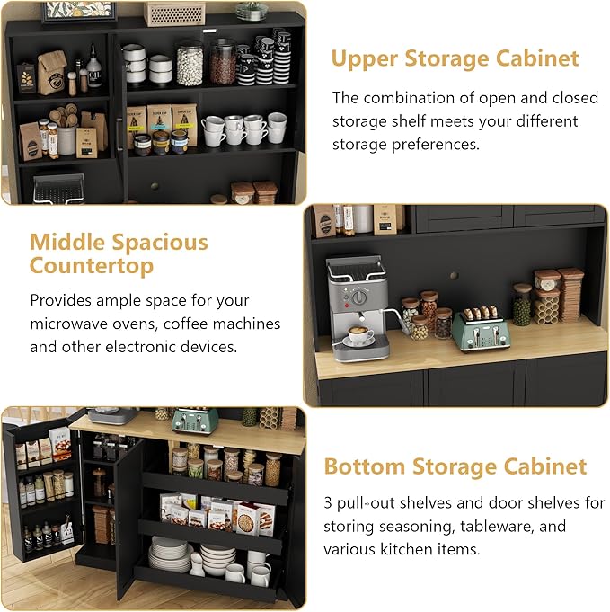 71" Tall kitchen Pantry Storage Cabinet, Modern Kitchen Hutch with 3 Pull-out Drawers, Kitchen Pantries with Microwave Stand & Door Shelf, Food Pantry with Adjustable Shelves for Dining Room (Black)