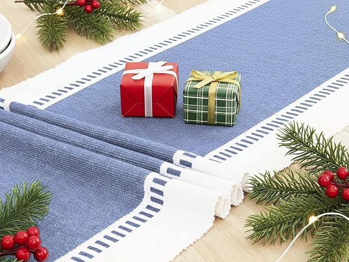 PurpleEssences Table Runner - Wide with Dobby Stripe, Heavy Ribbed Weave & Double Knot Fringes, 14x90 Inch (14x95.5 with Fringes) Farmhouse Decor - Christmas Holiday Winter- French Blue and H.White