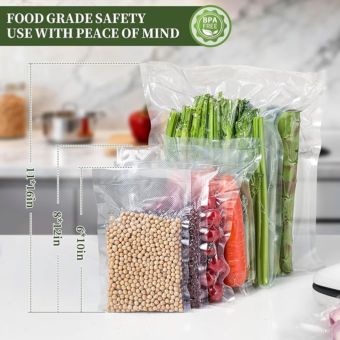 Vacuum Sealer Bags For Food-150 Quart 11"x16"and Quart 8"x12"and Pint 6"x10"-Commercial Grade BPA Free Bag-Durable Customized Size Food Vac Bags for Storage and Sous Vide Cooking-Puncture Prevention