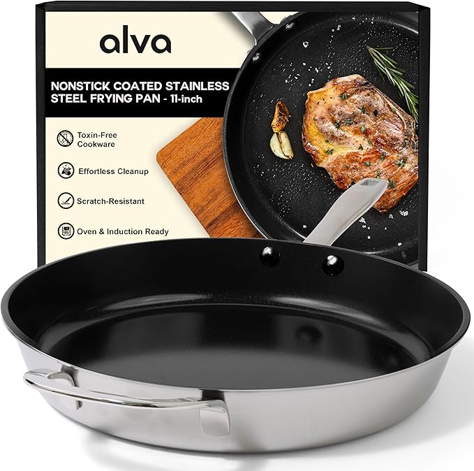 Alva Maestro 11-Inch Stainless Steel Nonstick Frying Pan ??Made Without PFAS, PFOA & PTFE Ceramic Coating ??Reinforced 5-Ply Aluminum Core, Oven & Induction Safe for Even Heat, Easy to Clean Coating