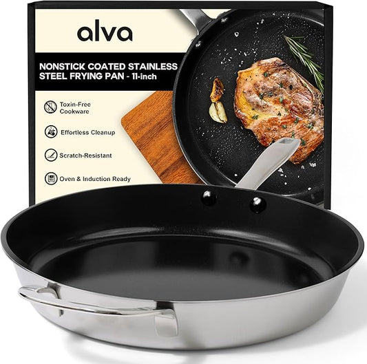 Alva Maestro 11-Inch Stainless Steel Nonstick Frying Pan ??Made Without PFAS, PFOA & PTFE Ceramic Coating ??Reinforced 5-Ply Aluminum Core, Oven & Induction Safe for Even Heat, Easy to Clean Coating