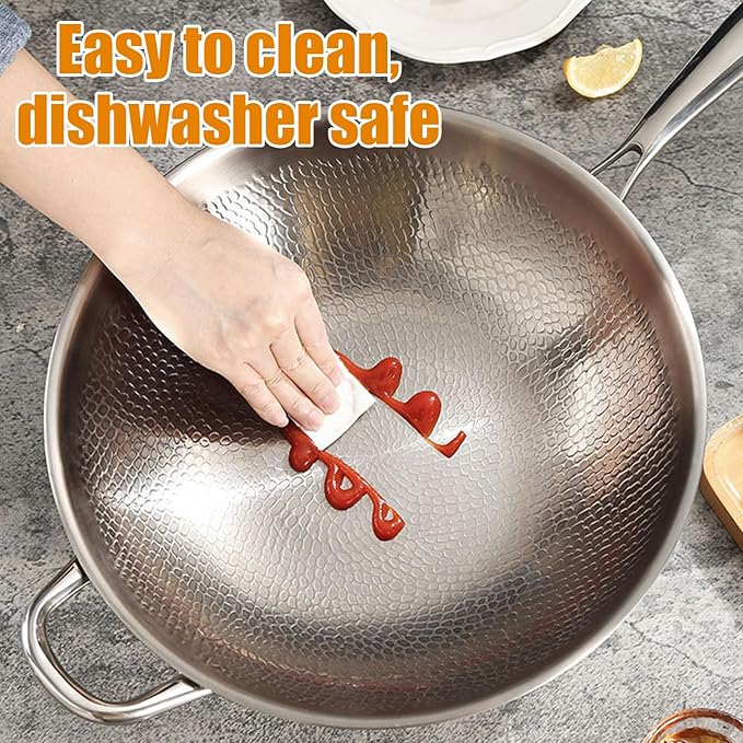 Titanium Hammered Wok with Double Handles, Frying Pans Nonstick, Non-Stick Wok, Scratch-Resistant Non Stick Titanium Pans for Cooking,12.6IN