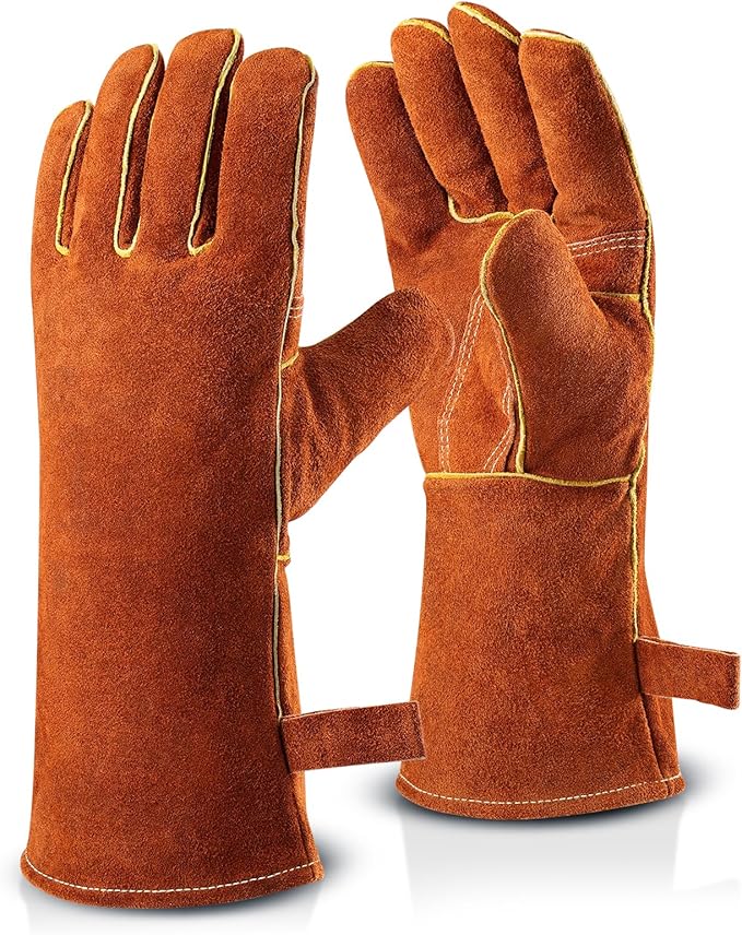 OZERO 932째F Heat Resistant Welding Gloves: 14 inches Cowhide Leather Long Sleeve and Insulated Lining Grill Glove - for Tig Mig Welder Forge Stove Oven Baking Fireplace Barbecue Grilling, Brown
