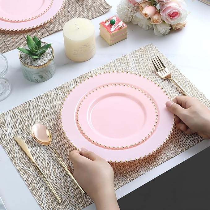 EI 60pcs Pink Plastic Plates with Gold Rim,Pink Party Plates Disposable,Heavy Duty Dinner/Dessert Fancy Elegant Plate for Wedding,Birthday,Afternoon Tea