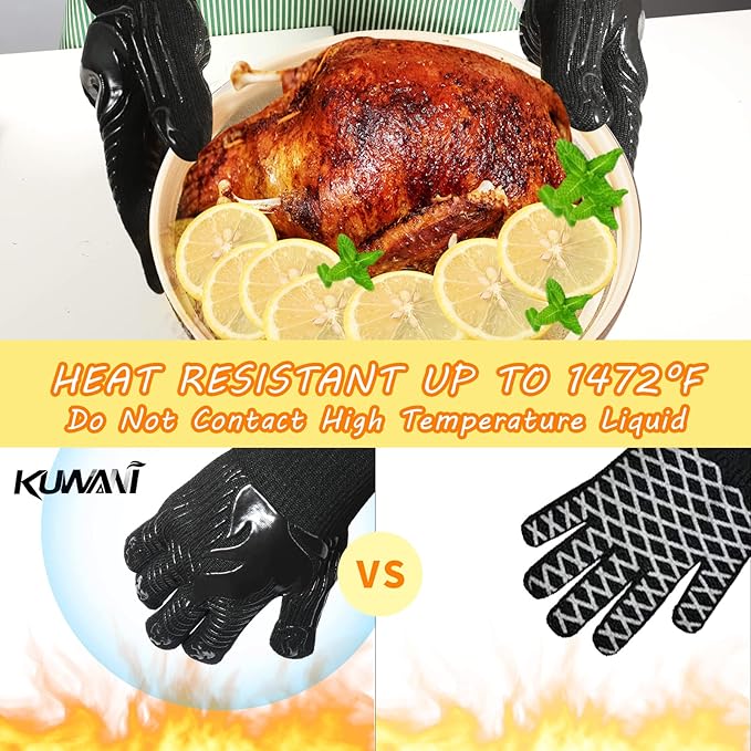 BBQ Gloves, 1472째F Heat Resistant Gloves Fireproof Mitts, Grilling Gloves Silicone Non-Slip Washable Oven Glove, Kitchen Glove for Barbecue, Grilling, Cooking, Baking, Camping, Smoker (Black)