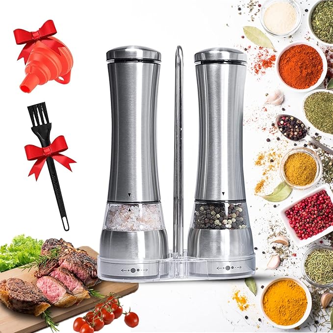 Electric Salt and Pepper Shakers ??Adjustable Coarseness Electric Rechargeable Salt and Pepper Grinder Set ??Battery Operated Pepper Mill and Salt Mill ??Stainless Steel Electric Spice Grinder Set