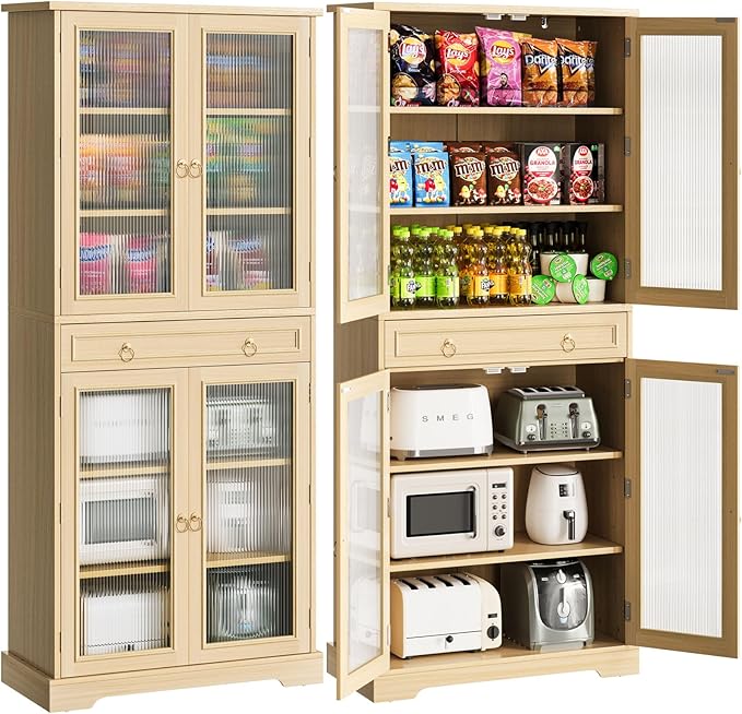 Kitchen Pantry Cabinet with Doors, 72" Tall Storage Cabinet with Adjustable Shelves, Wood Food Kitchen Pantry, Solid Freestanding Cupboard Display Cabinet for Dining Room Living Room
