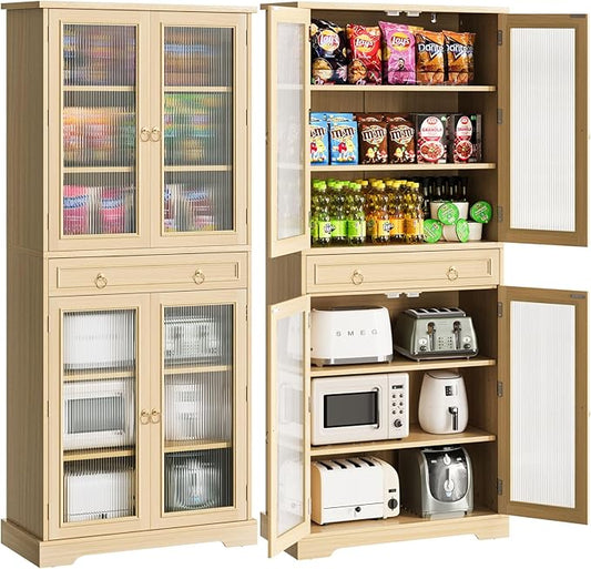Kitchen Pantry Cabinet with Doors, 72" Tall Storage Cabinet with Adjustable Shelves, Wood Food Kitchen Pantry, Solid Freestanding Cupboard Display Cabinet for Dining Room Living Room