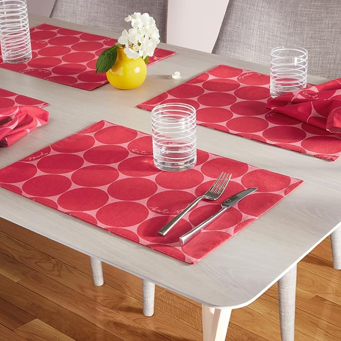 Kate Spade New York Joy Dot Placemats 4-Pack Set, Reversible, 100% Cotton, Machine Washable, Rose Pink/Red, 13"x19"