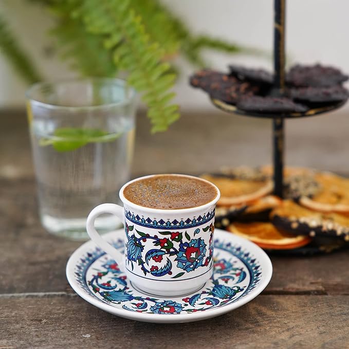 Turkish Coffee Cup Set of 6 with Saucers & Holder ??Ceramic, Dishwasher-Safe, Keeps Warm ??Patterned Turkish Espresso Cups Set for Home & Office (Set Of 6)