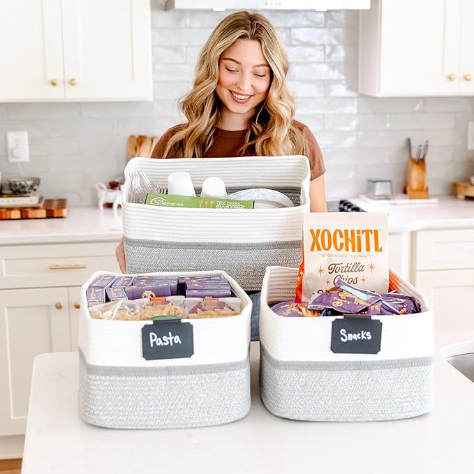 NaturalCozy Storage Baskets 16.8?쓝13?쓝7.6??Cotton Rope Woven Baskets for Organizing 3-Pack | Toy Storage Bins | Basket for Shelves, Laundry, Blanket, Clothes, Closet, Kitchen, Bathroom, Gifts