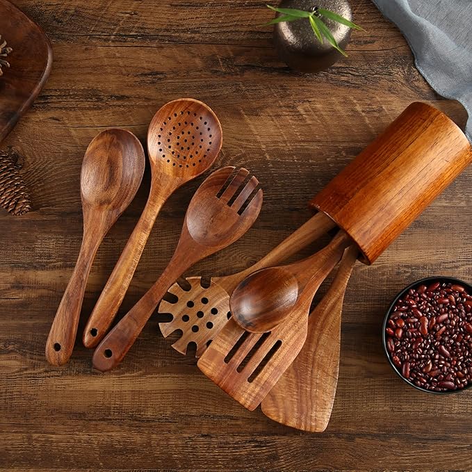 Wooden Kitchen Cooking Utensils, NAYAHOSE 8 Pcs Natural Teak Wooden Spoons Spatulas and Wooden Storage Barrel for Non-stick Pan
