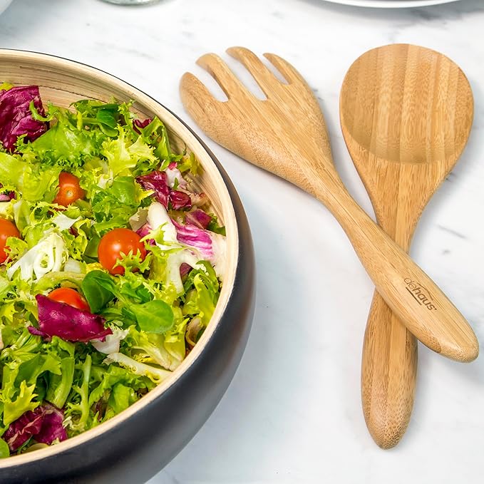 Dehaus짰 Large Premium Bamboo Salad Tongs - Eco Friendly Wooden Serving Spoons - Salad Serving Utensils - Salad Tosser Forks - Giant Wood Salad Servers - 12 inch Salad Hands