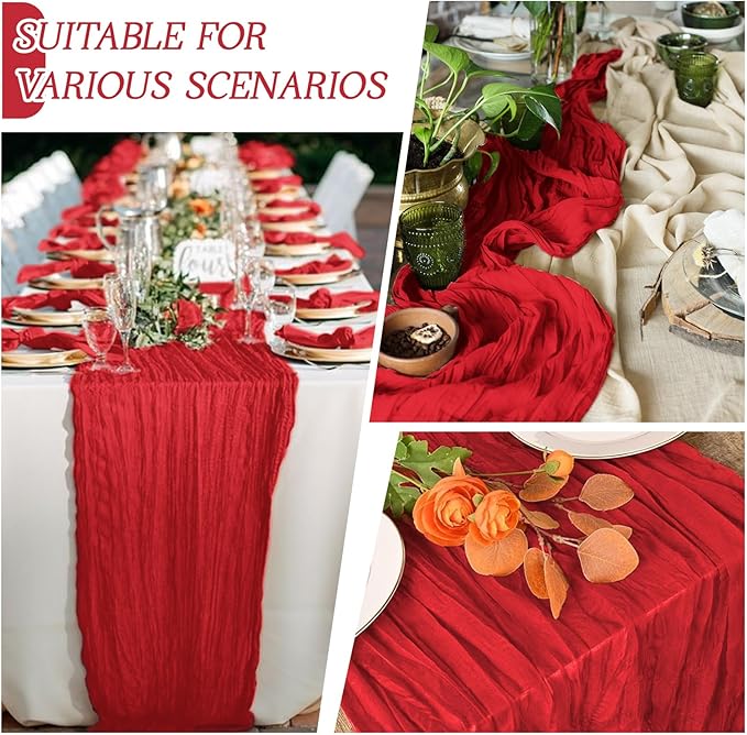 RealBox 3 Pack Red Cheesecloth Table Runner 17x108 Inch Semi Sheer Boho Gauze Cheese Cloth Fabric Table Runners Table Decor for Wedding Party Baby Shower Birthday Home Decor Garden Farmhouse