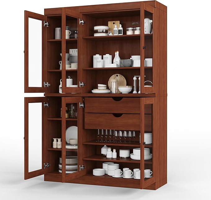 Palace Imports 100% Solid Wood 48.5" Pantry China Cabinet with Clear Glass Doors, 2-Drawers and Adjustable Shelves (Mocha)