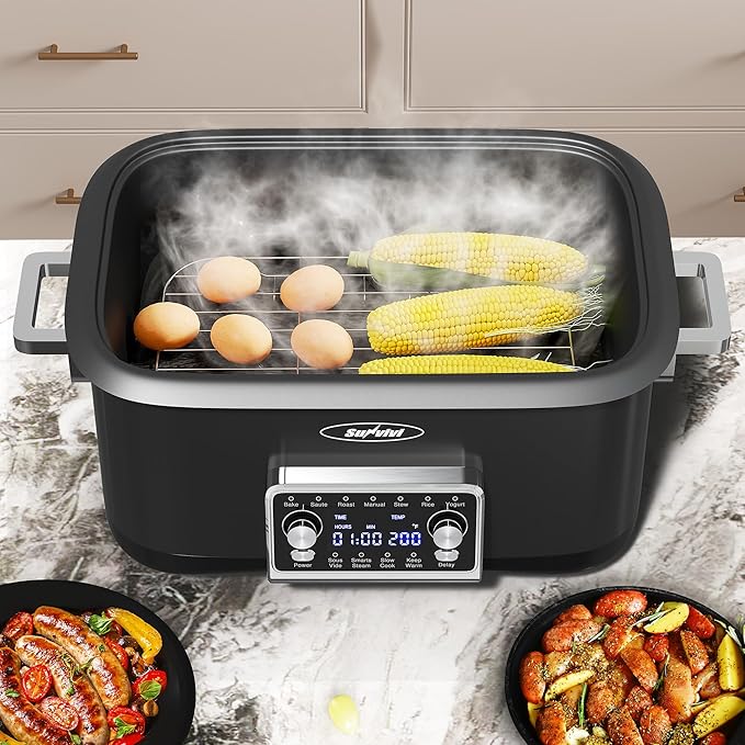 Sunvivi 8 Quart Slow Cooker Roaster Oven, 12 in 1 Programmable Multi-Cooker Food Warmer with Digital Timer, Temp Control, Removable Cast Aluminum Pot & Dishwasher-Safe Tempered Glass Lid, Black