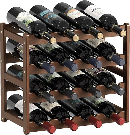 Wine Rack 16-Bottle Capacity, Space-Saving Countertop Wine Storage Organizer ??Sturdy Bamboo Wine Holder for Kitchen, Bar,Cabinets & Pantry, Easy Access & Clutter-Free Organization(4-Tiers)