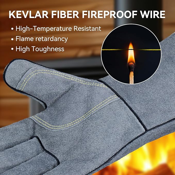 OZERO 932째F Heat Resistant Forge Welding Gloves 14 inches Cowhide Leather - Long Sleeve and Insulated Lining Grill Glove for Tig Welder/Mig/Barbecue/Stove Gray