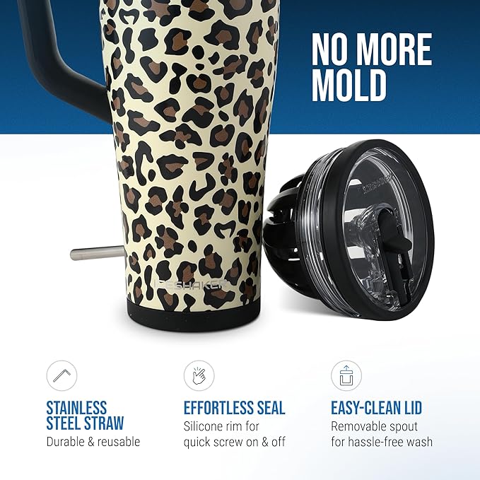 Ice Shaker 40 oz Tumbler with Handle and Straw | 40oz Leopard | Cold for 30+ Hours | 2-in-1 Tumbler Shaker Bottle | Odor-Free 40 ounce Bottle for Water, Protein Shakes, Smoothies, Cocktails