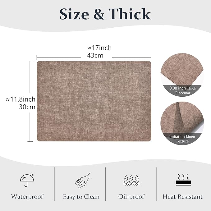 FROMHEART Faux Leather Placemats Set of 6?밯aterproof,Heat/Oil Stain-Resistant PU Table Mat?밨eversible,Non-Slip,Easy to Clean Place Mats for Kitchen,Dining,Indoor/Outdoor,(Dark Coffee,11.8" x 17")