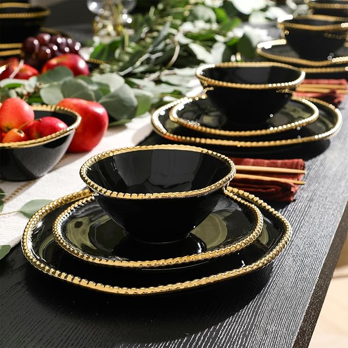 Christian Siriano Akoya Porcelain Dinnerware Set, 24-Piece - Dish Set for 8, Plates and Bowls Set, Black and Gold