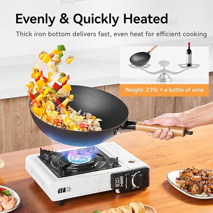 WANGYUANJI 12.6 Inch Wrought Iron Wok with Standable Glass Lid, Chemical-Free Flat Bottom Stir Fry Pan for Induction, Gas, and Electric Stoves