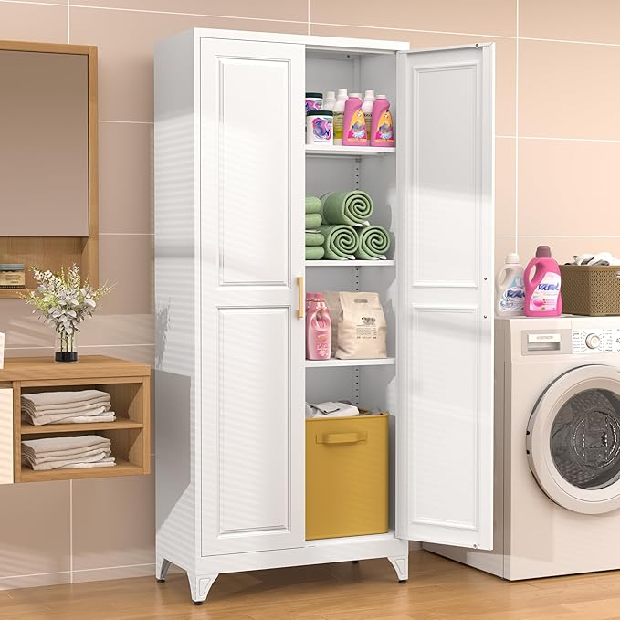 75??Metal Tall Kitchen Pantry Cabinet,Metal Storage Cabinet with Doors and Adjustable Shelves,Modern Kitchen Hutch Cabinets,Freestanding Cupboard for Dining Living Room