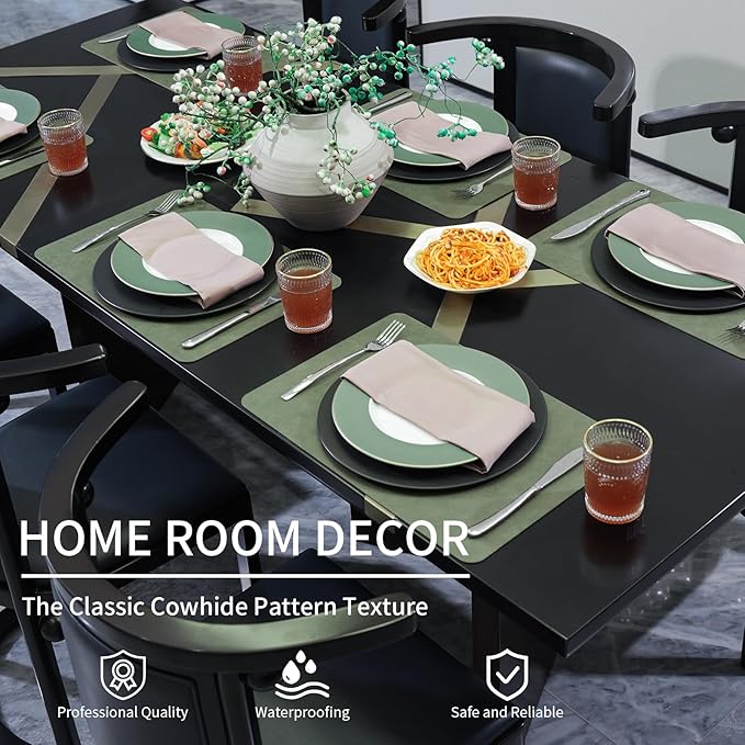 EDanle Cowhide Pattern Faux Leather Placemats Set of 6,Heat Resistant Non-Slip Waterproof Wipeable Washable Kitchen Dining PU Table Place Mats,Double-Sides Available,Green Brown