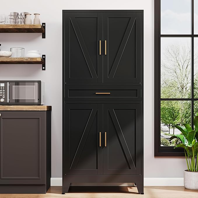71" H Metal Kitchen Pantry Cabinet with Drawers,Black Kitchen Storage Cabinets with Doors,Tall Pantry Food Storage Cabinets,Large Freestanding Cabinets for Dining Room, Living Room