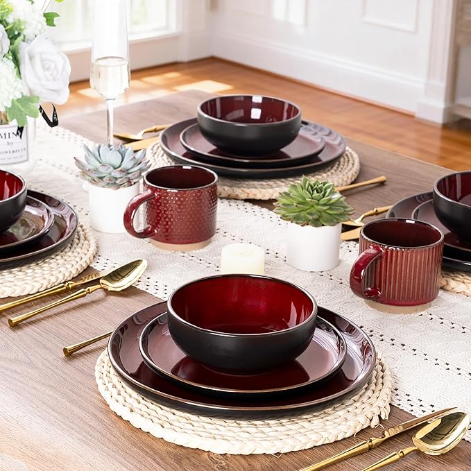 GBHOME Ceramic Dinnerware Sets for 4, 12 Pieces Stoneware Plates and Bowls Sets, Scratch Resistant Dishes, Dishwasher & Microwave Safe, Reactive Glaze-Burgundy