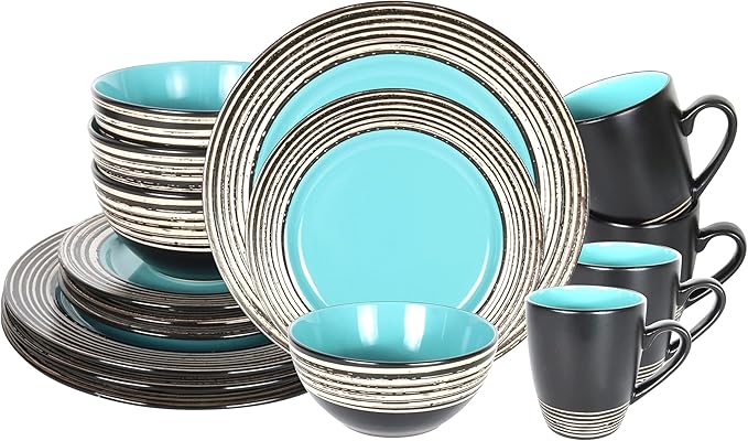 16 Piece Dinnerware Set, Ceramic Plates and Bowls Sets for 4, Microwave and Dishwasher Safe, Handcrafted Tree Bark Series Dish Set, Turquoise