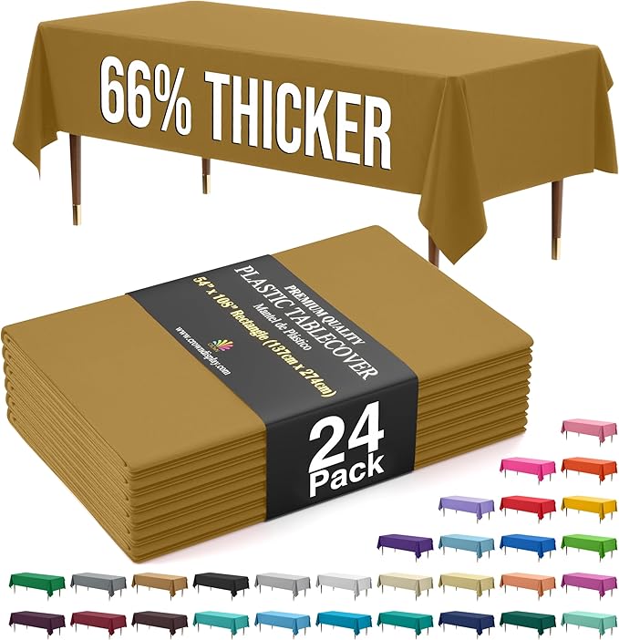 Exquisite 66% Thicker Premium Plastic Table Cloth Rectangle Table Cover 0.5 Mil 24 Pack Gold Table Cloth 54 Inch x 108 Inch Disposable Tablecloth Won't Tear Easily Like Cheap Thin Brands