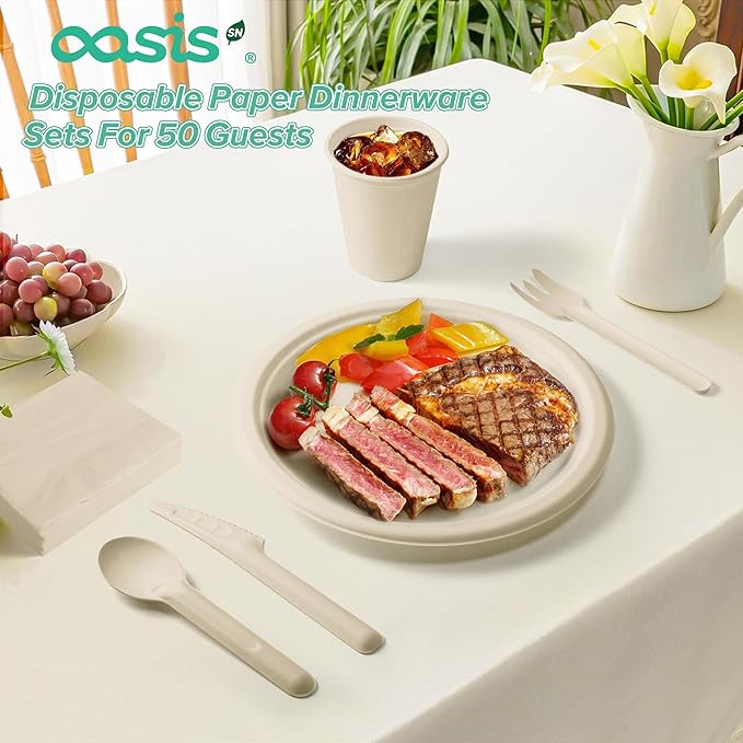 300PCS Disposable Paper Dinnerware Set for 50 Guests ??Compostable Includes 50 Each 6" Dessert Plates, 9" Dinner Plates, Spoons, Forks, Knives and Napkins, Ideal for Parties (Natural)
