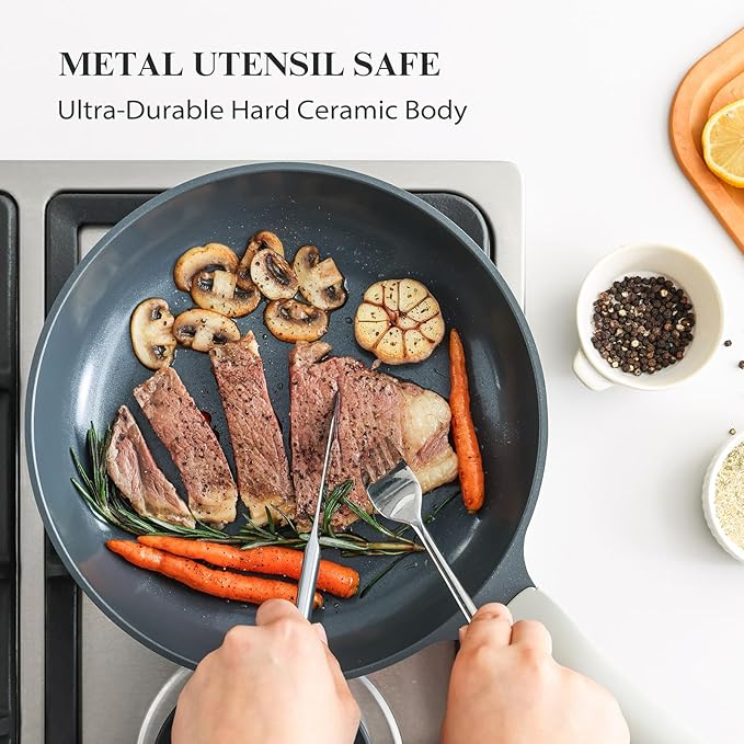 PRICUSIS Nonstick Ceramic Frying Pan with Lid, 8/10/12 Inch, Metal Utensil Safe, PFOA & PFAS Free, Scratch & Stain Resistant Skillet, Oven & Dishwasher Safe, Induction Compatible ??Gray (12-Inch)