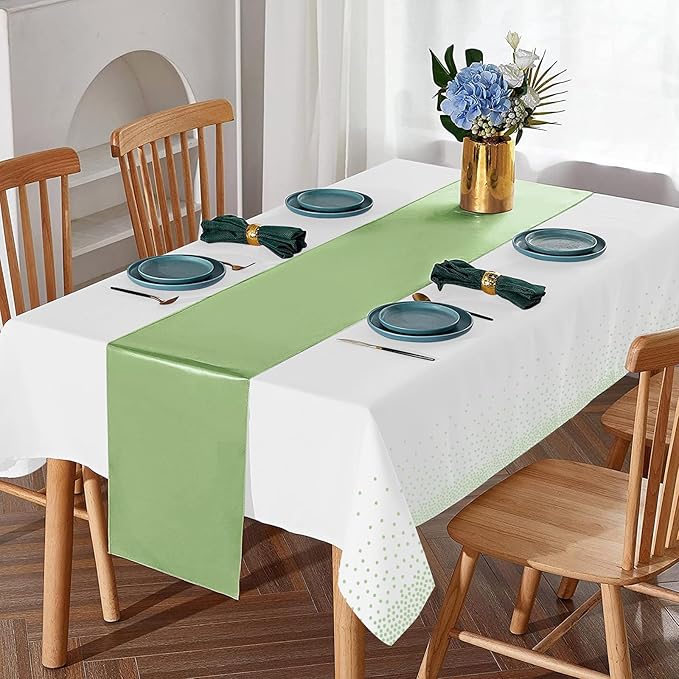 16Pack Plastic Tablecloths and Satin Table Runner Set Disposable White and Sage Green Dot Table Cloth Green Satin Table Runner for Wedding Birthday Baby Shower Anniversary Holiday Party Decorations