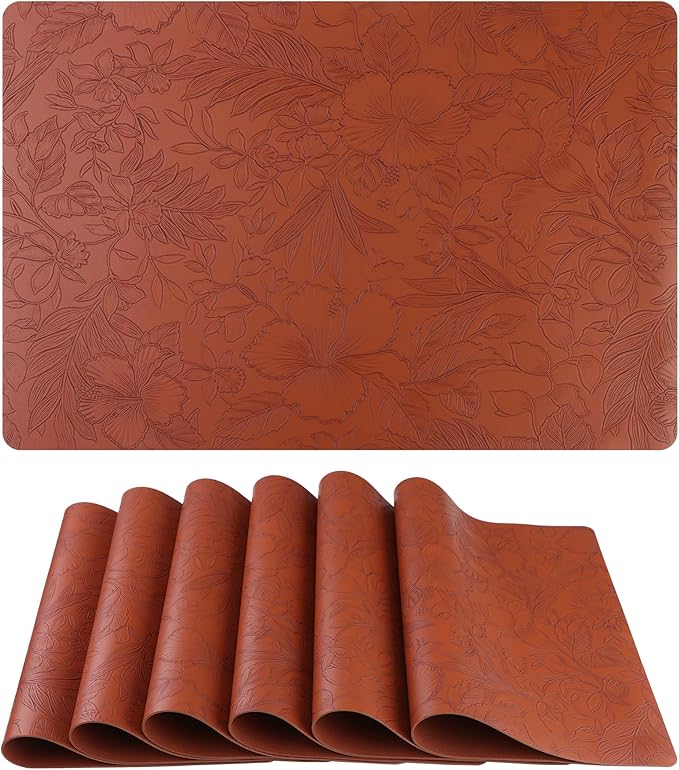 DRMHM Set of 6 Faux Leather Flower Placemats for Kitchen Dining Table Decor, Washable Table Placemats Wipeable Table Mat 18 * 12in Brown