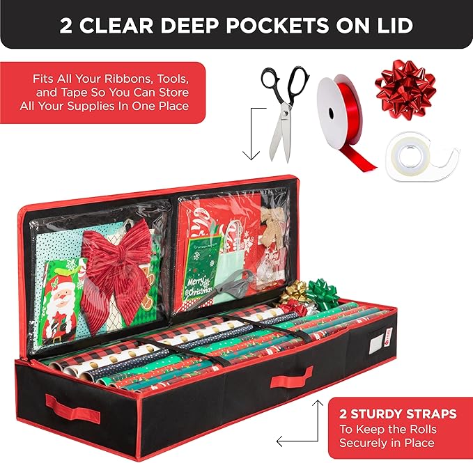 HOLDN??STORAGE Premium Wrapping Paper Storage Container - Durable 600D Tear-Proof, Fits 27 Rolls Gift Wrap, Extra Pockets for Ribbons & Bows, Underbed Storage - Ideal for Holiday Christmas, Black