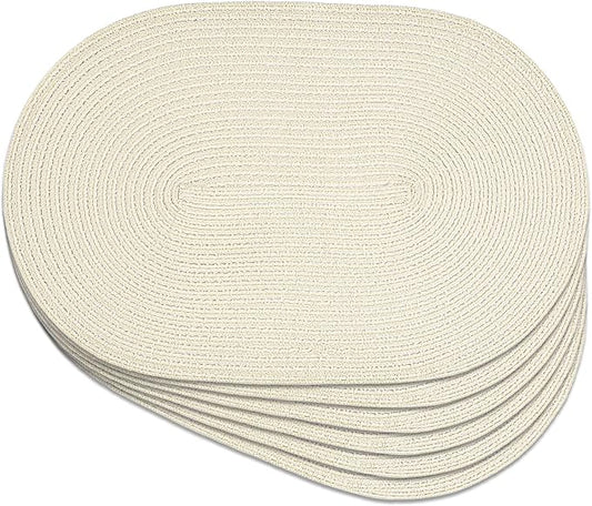 Noctiflorous Oval Braided Placemats Set of 6 Woven 12x18 Inch Non Slip Washable Heat Resistant Place Mats Round Tablemats for Dining Kitchen Party Daily Table Decor Dinner Mats (Solid Beige White, 6)