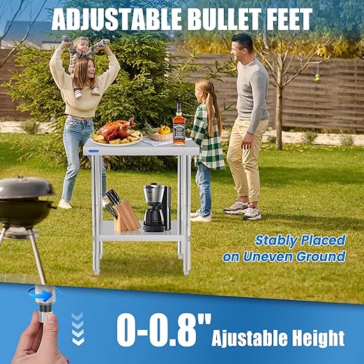 Stainless Steel Table for Prep & Work with Undershelf 24 x 24 Inches NSF Metal Commercial Kitchen Prep Table with Adjustable Under Shelf Worktable for Restaurant Home Outdoor