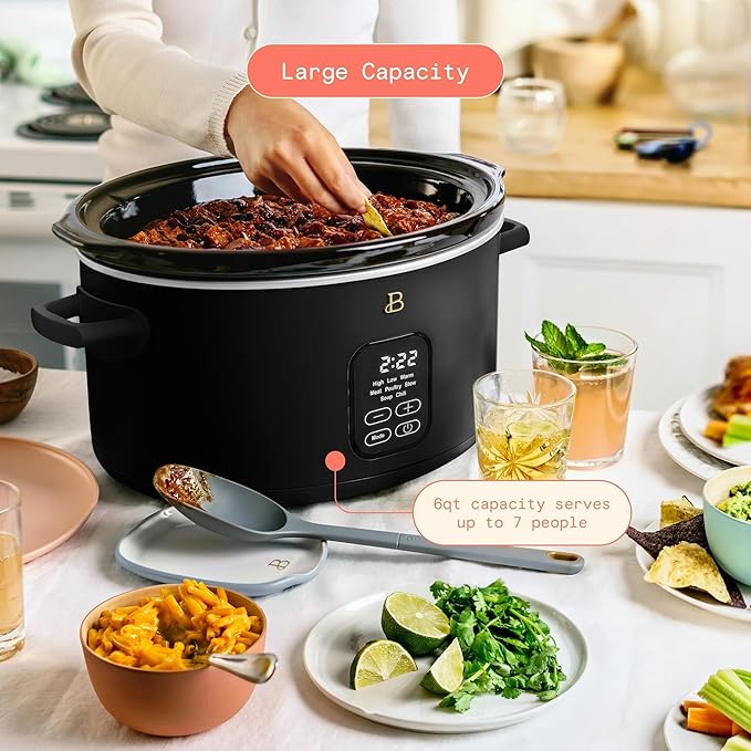Beautiful 6 Quart Programmable Slow Cooker, 5 Cooking Presets, Digital Countdown Timer, Dishwasher Safe Parts by Drew Barrymore (Black)