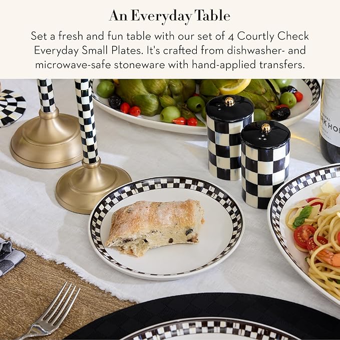 MACKENZIE-CHILDS Set of 4 Everyday Small Plates, Microwave-Safe and Dishwasher-Safe Stoneware Salad Plates, Black-and-White Courtly Check