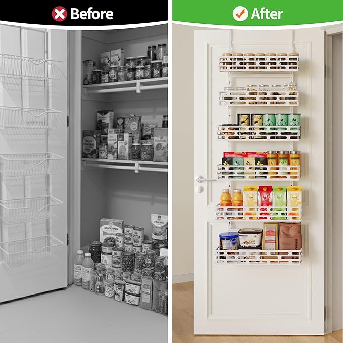 Over the Door Pantry Organizer - 6 Tier Adjustable Pantry Organization and Storage, Hanging Basket Wall Spice Rack Seasoning Shelves, Home & Kitchen Bedroom Bathroom, White