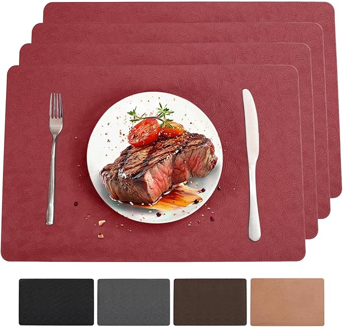 Bxzandya Vinyl Placemats Set of 4 Heat Resistant Easy Clean Non-Slip Place Mats for Dining Table Faux Leather Waterproof Stain Resistant Wipeable Washable PVC Table Mats(4, Red)