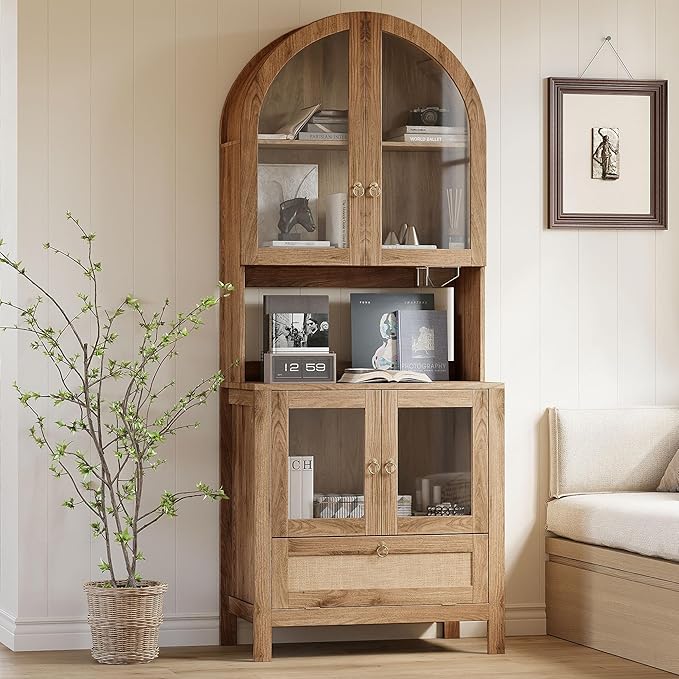 TYBOATLE 75'' Tall Arched Pantry Cabinet w/Accessible Storage Area, China Cabinet w/Anti-Tipping Device and Innovative Drawer, Versatile Cupboard for Kitchen, Dining (Natural)